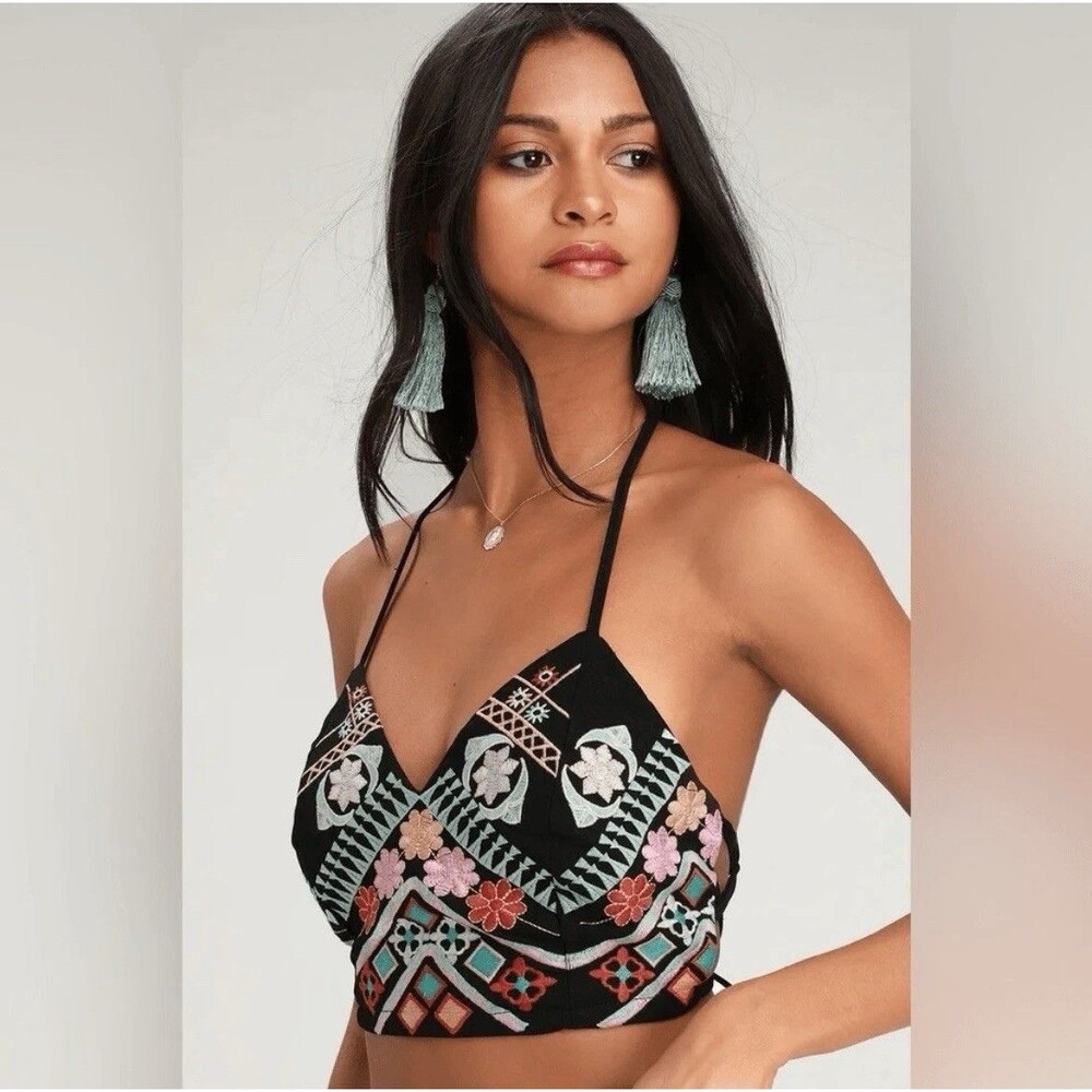 Lulus Rhythm is Gonna Get You Embroidered Black Top Size Small Boho Festival